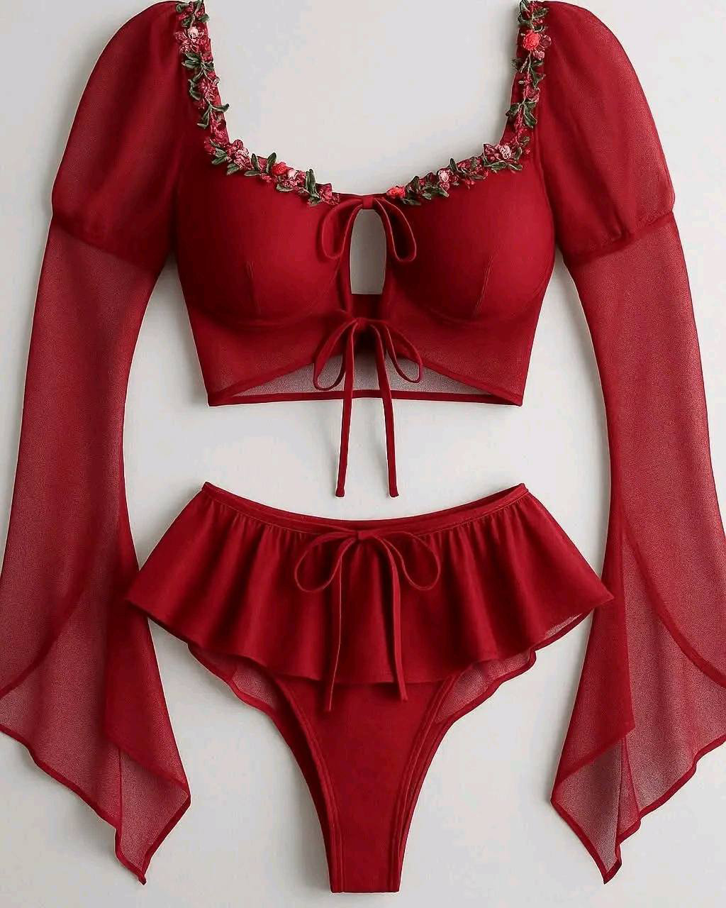 Lingerie Sheer Mesh Long Sleeve Slit with Ruffle Outwear