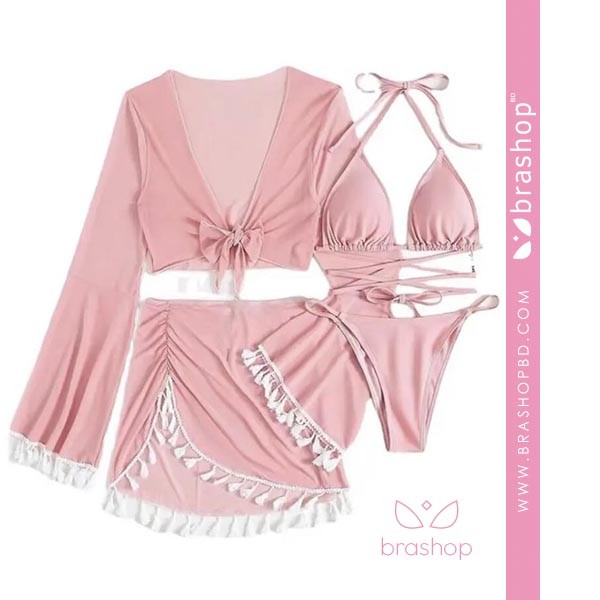 4 Pieces Micro Triangle Bikini Swimsuit with Tassel Trim Cover Up