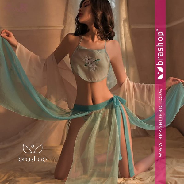 Girl See Through Sleepwear Blossoms Long Robes Nightgown Women Sexy Lingerie Chinese Traditional Bathrobe Mesh Bandage Suit