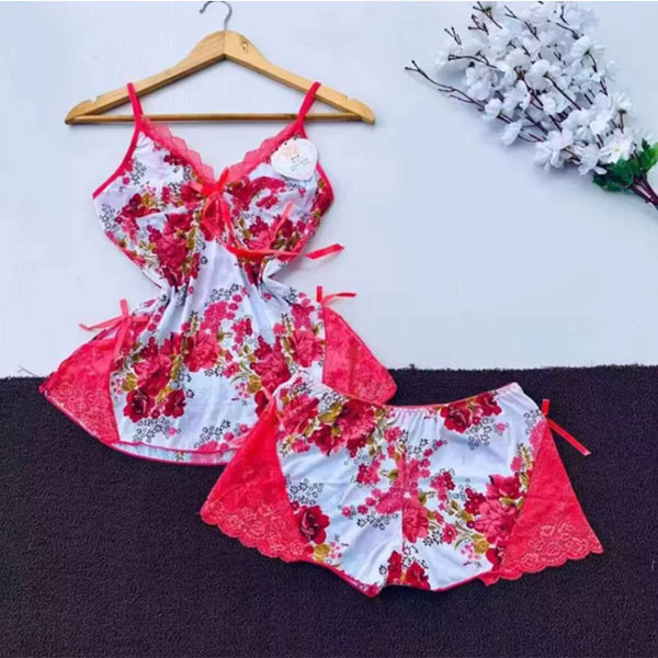 Rose Printed Lace Nighty and Shorts Set – Romantic Comfort Style