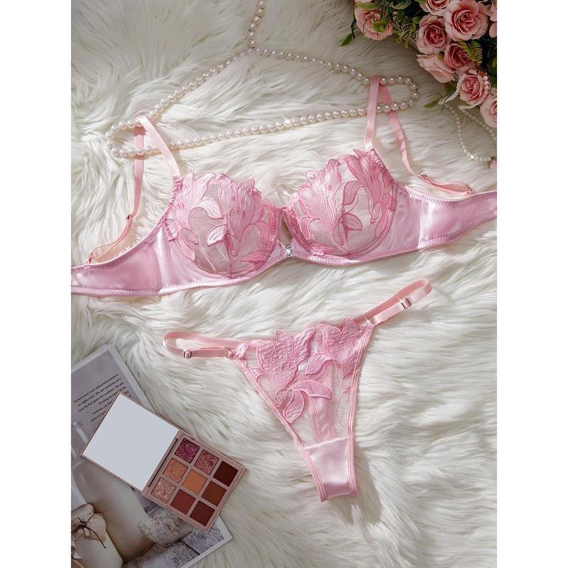 Floral Embroidery Perspective Sexy Lingerie Set Women Transparent Bralette Underwire Push Up Bra Charming Panty 2 Piece Set