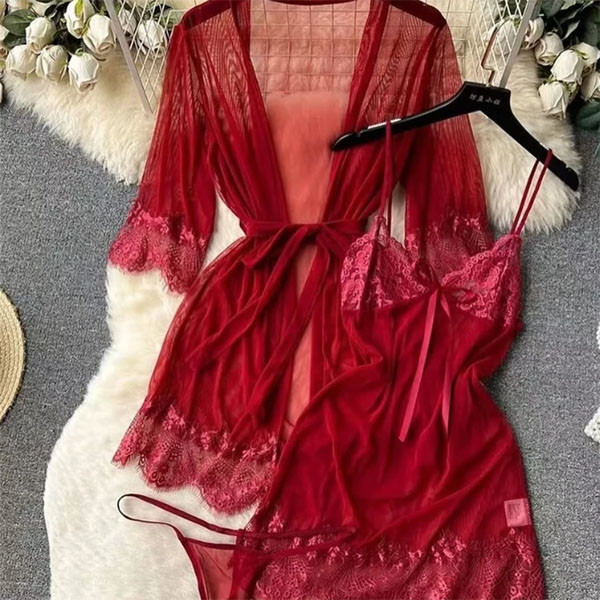 Luxury 3 Piece Lace Robe Nightwear Set for Women – Premium Sheer Sleepwear