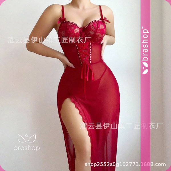 Sheer Long Dress Flower Hollow Out Lace Transparent Mesh Backless Deep V Sleeveless Nightwear